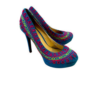 Gianni Bini Turquoise Multi Color Embroidered Embellished Peep Toe Pumps SZ 6.5